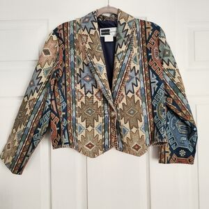 Vintage Rhonda Stark Aztec Blanket Stitch Crop Blazer Cowgirl Western